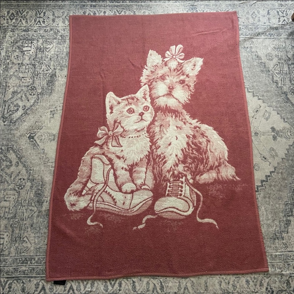 80’s Vintage Throw Blanket Yorkie Puppy & Kitten Made in Greece